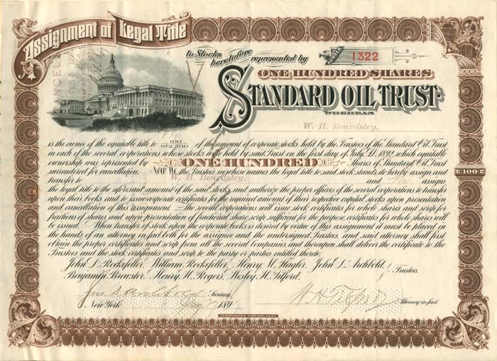 Standard Oil Trust signed by W.H. Beardsley, Archbold, and Tilford - Stock Certificate